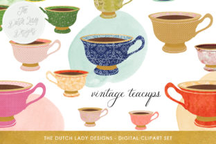Download Vintage Teacup Clipart Set - Vintage & Golden Style - Watercolor Circles Included - INSTANT DOWNLOAD - Old Collection